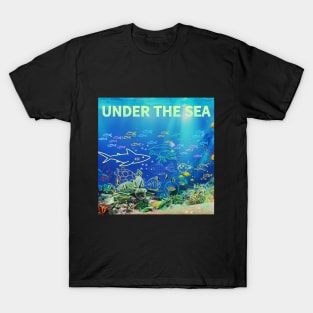 under the sea,blue sea,sea creatures,Turtle, puffer fish, starfish, shrimp, shark, tropical fish, sea horse, seaweed, sardines, squid, crabs, clams T-Shirt